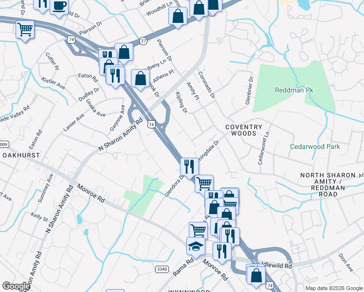 map of restaurants, bars, coffee shops, grocery stores, and more near in Charlotte