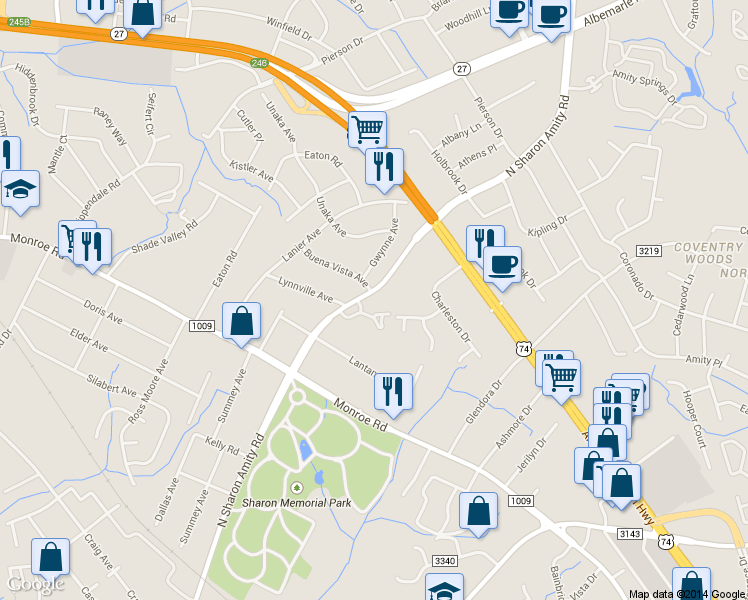 map of restaurants, bars, coffee shops, grocery stores, and more near in Charlotte