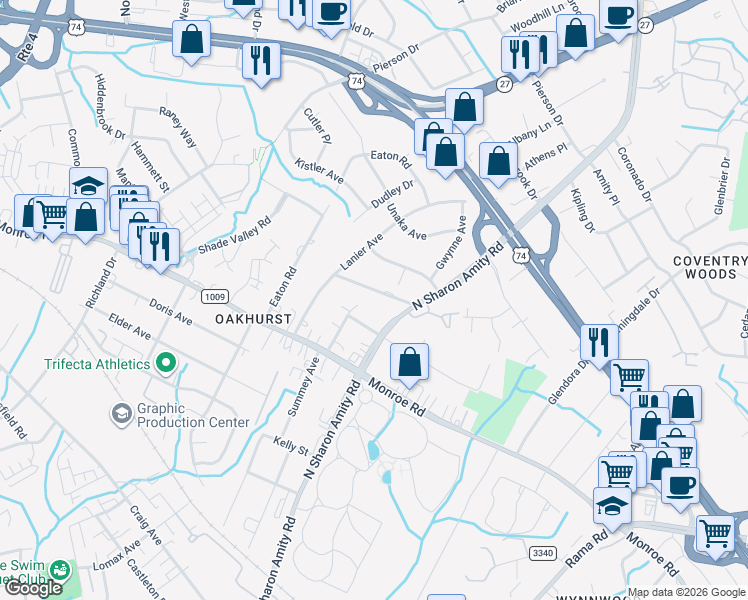 map of restaurants, bars, coffee shops, grocery stores, and more near in Charlotte