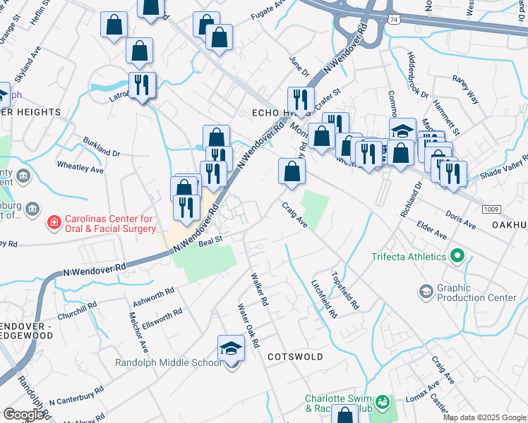 map of restaurants, bars, coffee shops, grocery stores, and more near 1012 McAlway Road in Charlotte