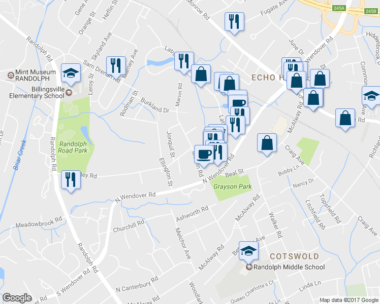 map of restaurants, bars, coffee shops, grocery stores, and more near in Charlotte