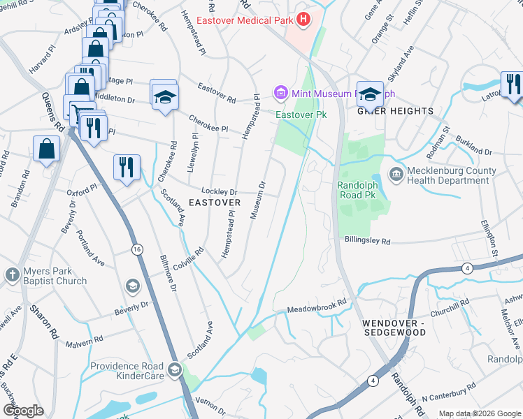map of restaurants, bars, coffee shops, grocery stores, and more near 808 Hungerford Place in Charlotte