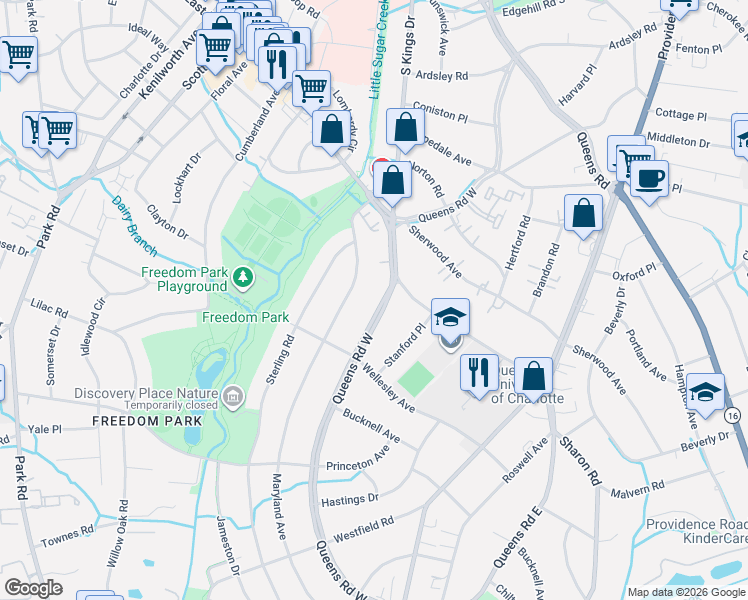 map of restaurants, bars, coffee shops, grocery stores, and more near 1534 Queens Road West in Charlotte