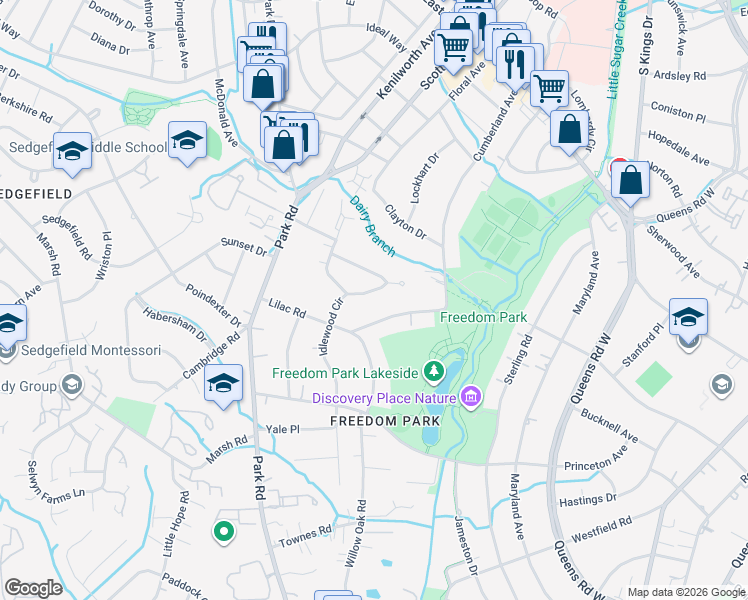 map of restaurants, bars, coffee shops, grocery stores, and more near in Charlotte