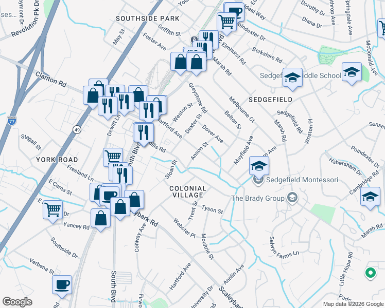 map of restaurants, bars, coffee shops, grocery stores, and more near 3440 Anson Street in Charlotte