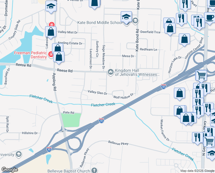 map of restaurants, bars, coffee shops, grocery stores, and more near 7688 Wolfden Circle in Memphis