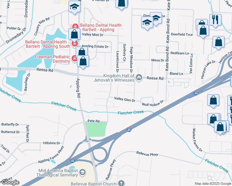 map of restaurants, bars, coffee shops, grocery stores, and more near 7606 Valley Glen Drive in Memphis
