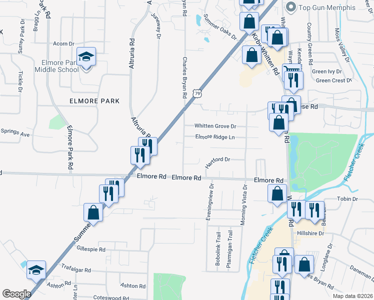 map of restaurants, bars, coffee shops, grocery stores, and more near 2411 Charles Bryan Road in Memphis