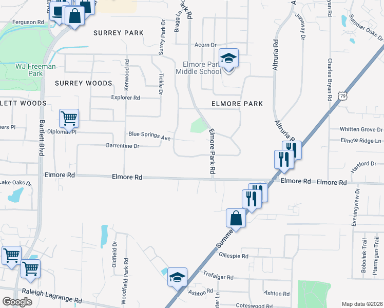 map of restaurants, bars, coffee shops, grocery stores, and more near 6237 Ivanhoe Road in Bartlett