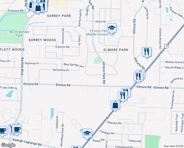 map of restaurants, bars, coffee shops, grocery stores, and more near 6219 Ivanhoe Road in Memphis