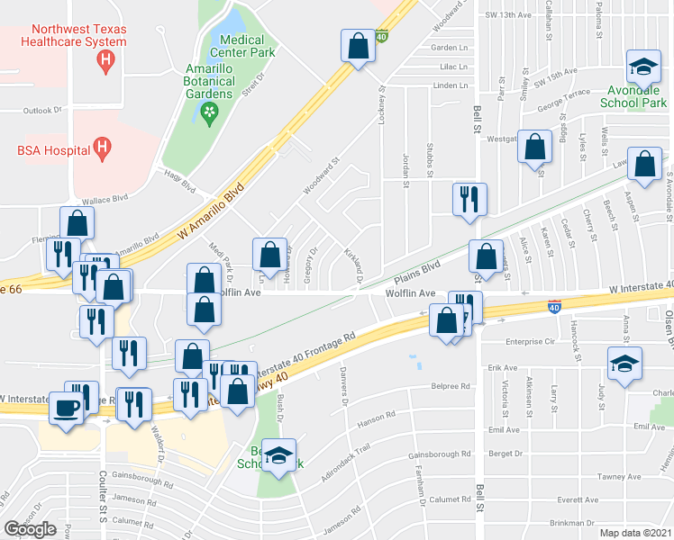 map of restaurants, bars, coffee shops, grocery stores, and more near 1913 Wisdom Drive in Amarillo