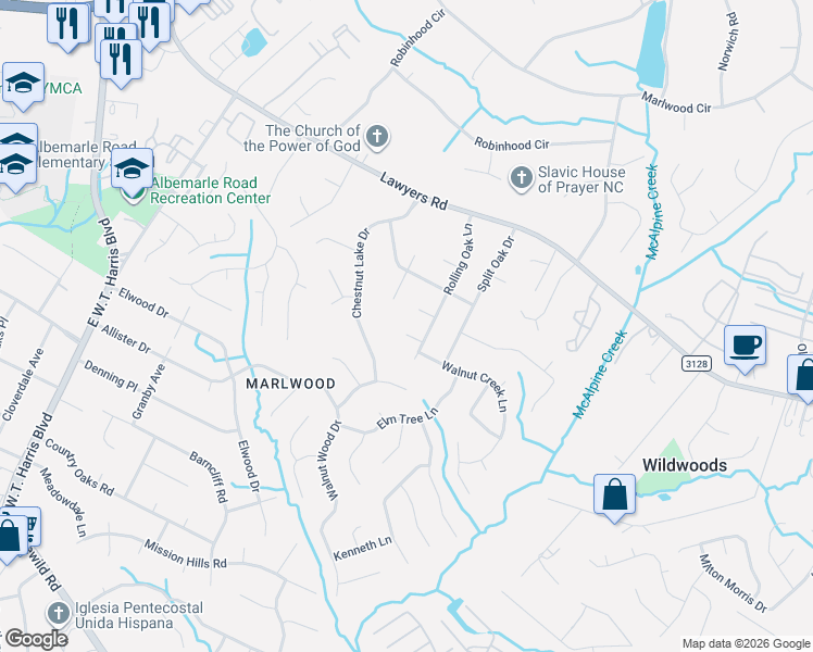 map of restaurants, bars, coffee shops, grocery stores, and more near 7705 Oak Canyon Lane in Charlotte