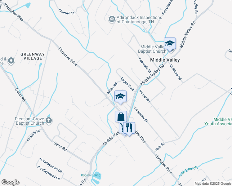 map of restaurants, bars, coffee shops, grocery stores, and more near 7909 Loftis Lane in Middle Valley
