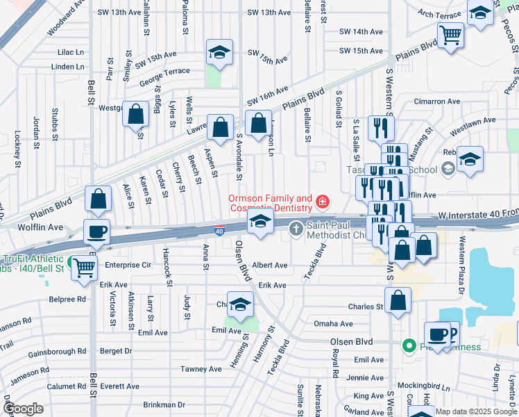 map of restaurants, bars, coffee shops, grocery stores, and more near 1829 Plateau Lane in Amarillo