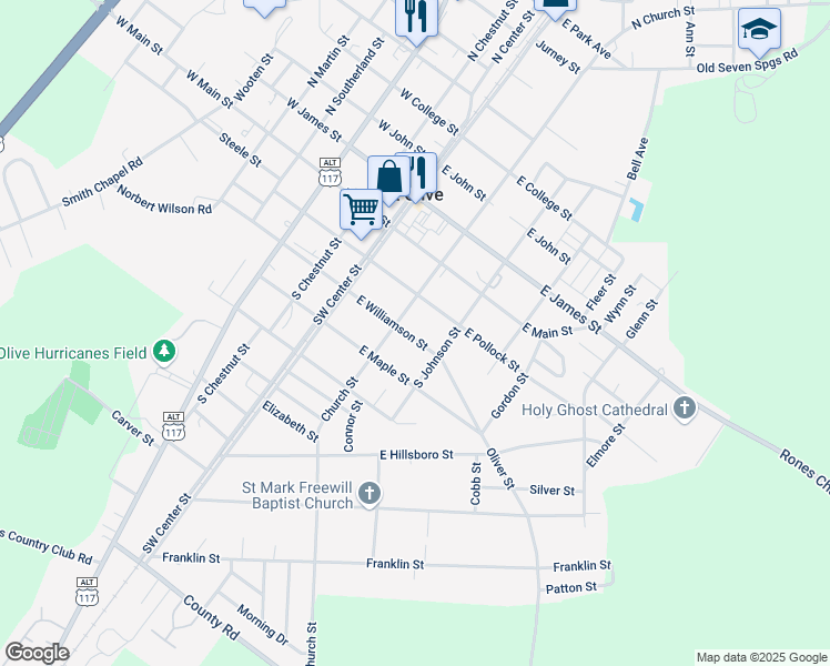 map of restaurants, bars, coffee shops, grocery stores, and more near 209 East Williamson Street in Mount Olive