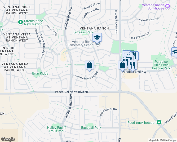 map of restaurants, bars, coffee shops, grocery stores, and more near 6916 Hartford Place Northwest in Albuquerque
