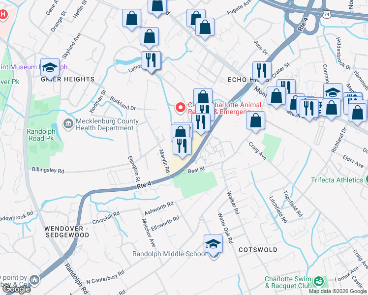 map of restaurants, bars, coffee shops, grocery stores, and more near 931 North Wendover Road in Charlotte