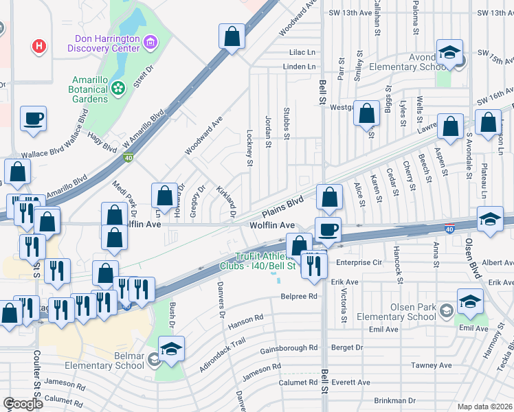 map of restaurants, bars, coffee shops, grocery stores, and more near 6398 Plains Boulevard in Amarillo