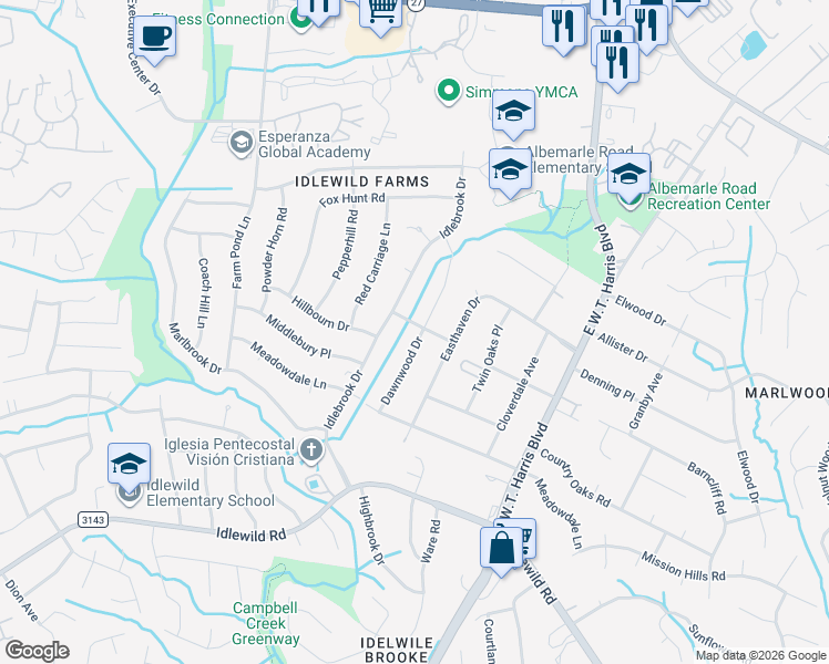 map of restaurants, bars, coffee shops, grocery stores, and more near 4522 Dawnwood Drive in Charlotte