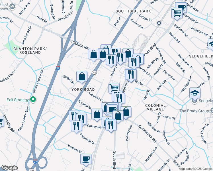 map of restaurants, bars, coffee shops, grocery stores, and more near 3656 Dewitt Lane in Charlotte