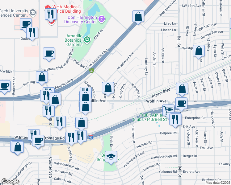 map of restaurants, bars, coffee shops, grocery stores, and more near 1943 Howard Drive in Amarillo