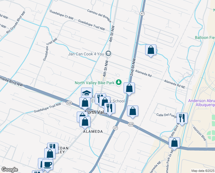 map of restaurants, bars, coffee shops, grocery stores, and more near 9660 4th Street Northwest in Albuquerque