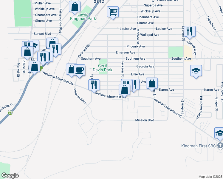 map of restaurants, bars, coffee shops, grocery stores, and more near 2400 Hualapai Mountain Road in Kingman