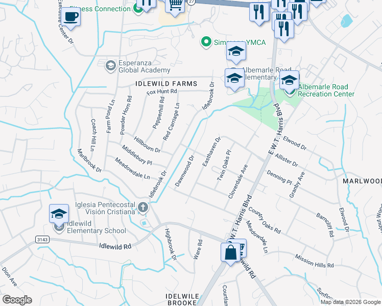map of restaurants, bars, coffee shops, grocery stores, and more near 4522 Dawnwood Drive in Charlotte
