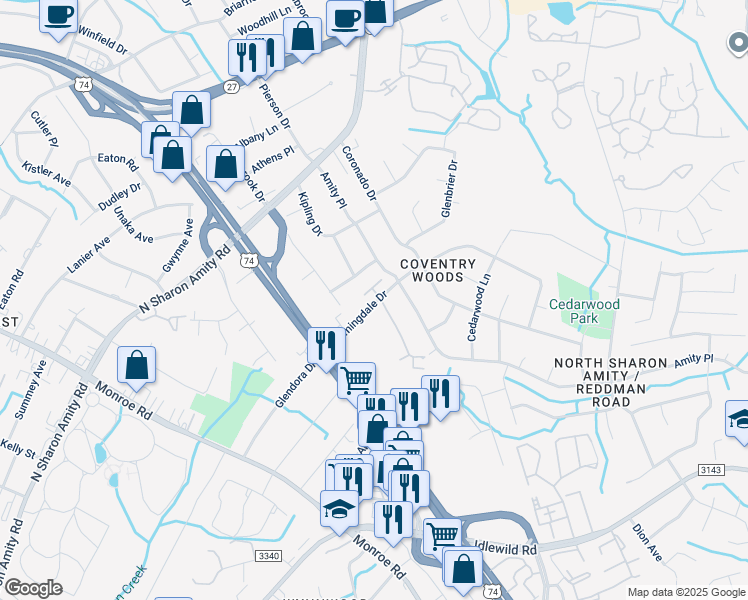 map of restaurants, bars, coffee shops, grocery stores, and more near 6810 Farmingdale Drive in Charlotte