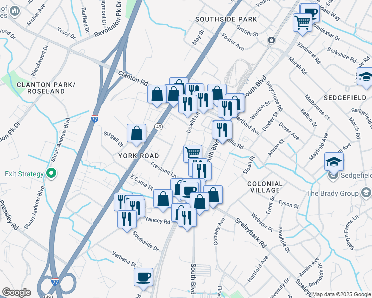 map of restaurants, bars, coffee shops, grocery stores, and more near 3800 Dewitt Lane in Charlotte