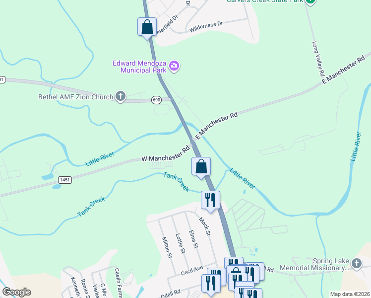map of restaurants, bars, coffee shops, grocery stores, and more near 131 W Manchester Rd in Spring Lake