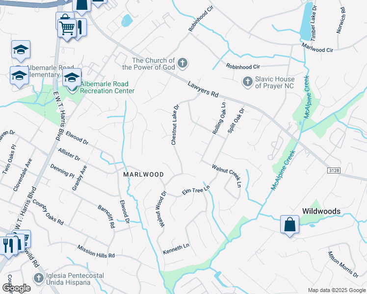 map of restaurants, bars, coffee shops, grocery stores, and more near 5000 Chestnut Lake Drive in Charlotte