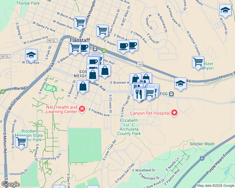 map of restaurants, bars, coffee shops, grocery stores, and more near 321 East Butler Avenue in Flagstaff