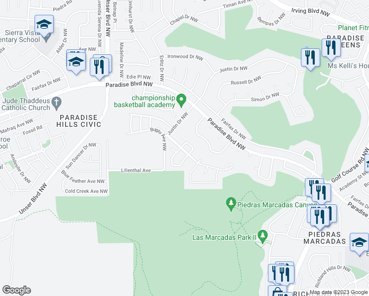 map of restaurants, bars, coffee shops, grocery stores, and more near 9800 Kokopelli Drive Northwest in Albuquerque