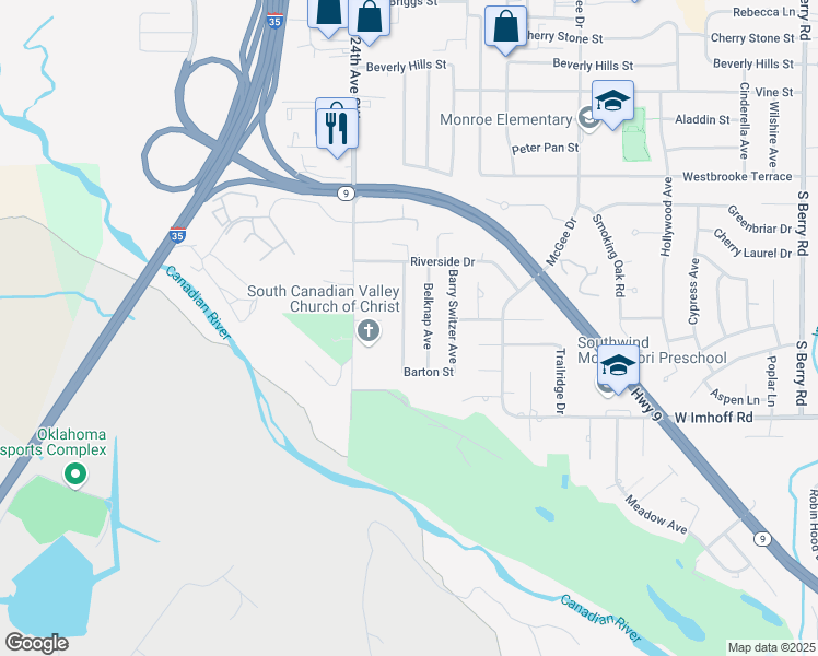 map of restaurants, bars, coffee shops, grocery stores, and more near 2701 Shoreridge Avenue in Norman