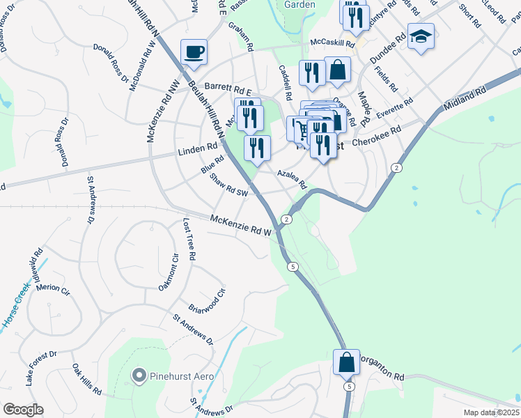 map of restaurants, bars, coffee shops, grocery stores, and more near 55 Beulah Hill Road North in Pinehurst