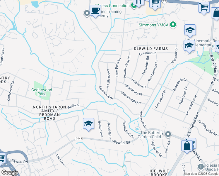 map of restaurants, bars, coffee shops, grocery stores, and more near 6311 Coach Hill Lane in Charlotte