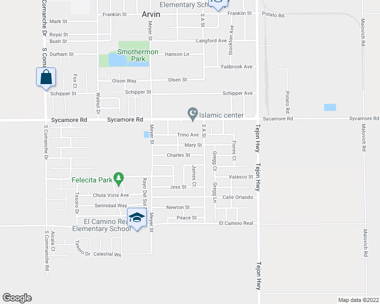map of restaurants, bars, coffee shops, grocery stores, and more near 604 Mary Street in Arvin