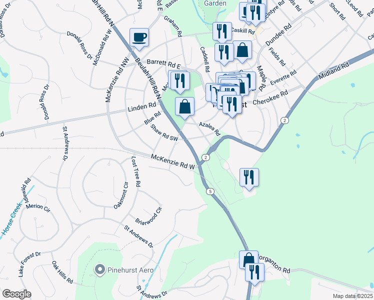 map of restaurants, bars, coffee shops, grocery stores, and more near 55 Beulah Hill Road North in Pinehurst