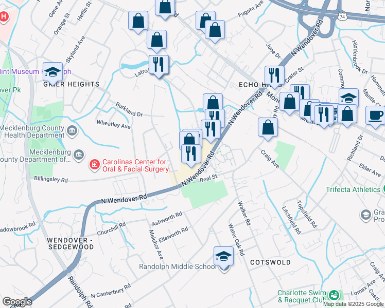 map of restaurants, bars, coffee shops, grocery stores, and more near 931 North Wendover Road in Charlotte