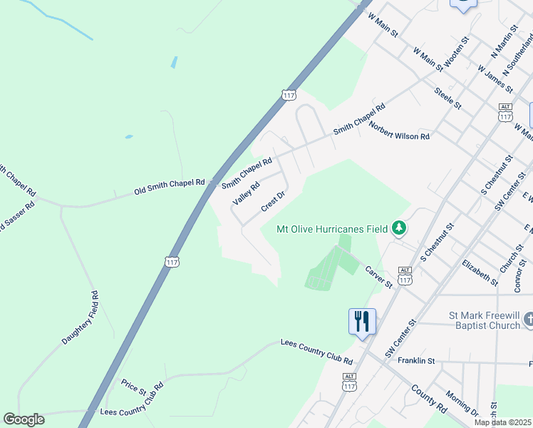 map of restaurants, bars, coffee shops, grocery stores, and more near 147 Crest Drive in Mount Olive