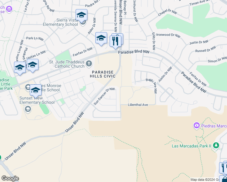 map of restaurants, bars, coffee shops, grocery stores, and more near 9652 Sun Dancer Drive Northwest in Albuquerque