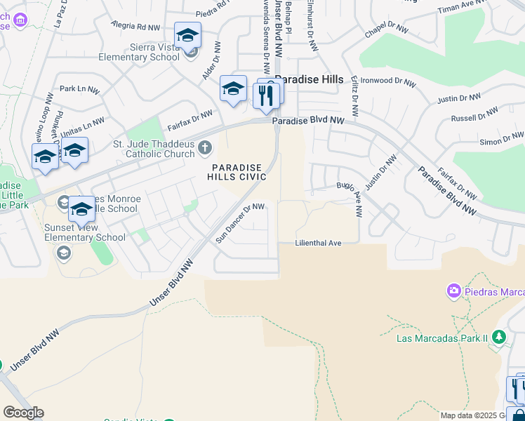 map of restaurants, bars, coffee shops, grocery stores, and more near 9652 Sun Dancer Drive Northwest in Albuquerque