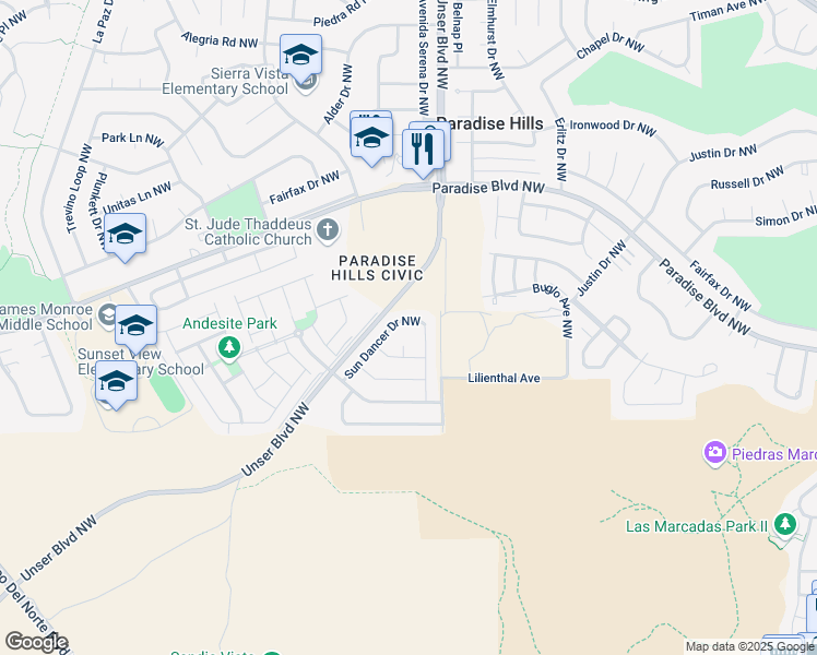 map of restaurants, bars, coffee shops, grocery stores, and more near 9644 Sun Dancer Drive Northwest in Albuquerque