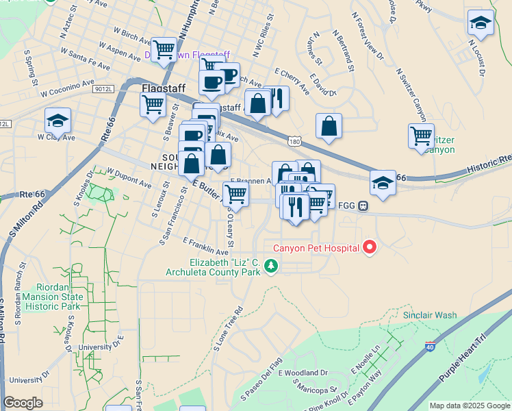 map of restaurants, bars, coffee shops, grocery stores, and more near 304 South Elden Street in Flagstaff