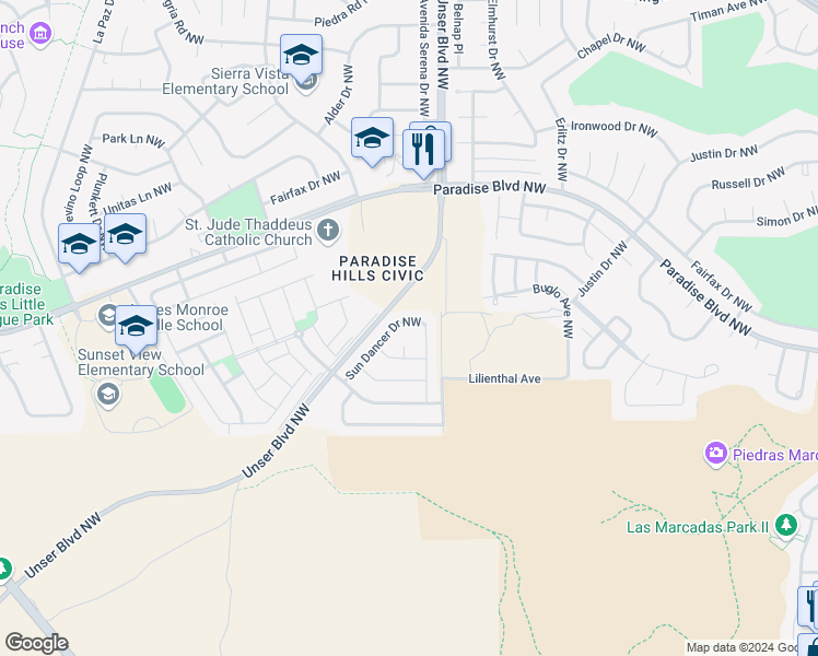 map of restaurants, bars, coffee shops, grocery stores, and more near 9644 Sun Dancer Drive Northwest in Albuquerque
