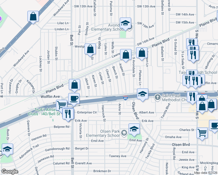 map of restaurants, bars, coffee shops, grocery stores, and more near 1921 Cherry Street in Amarillo
