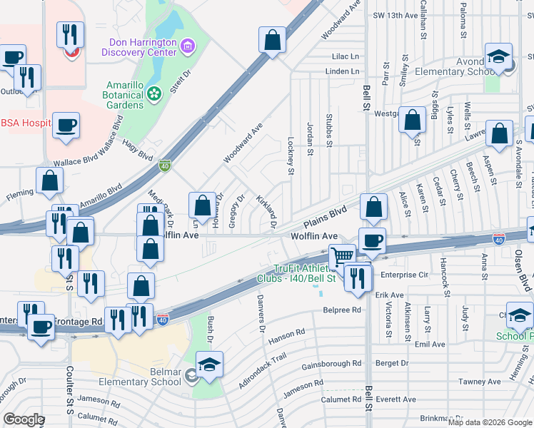 map of restaurants, bars, coffee shops, grocery stores, and more near 1821 Wisdom Drive in Amarillo