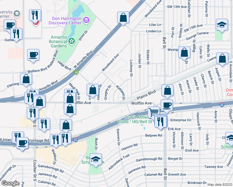 map of restaurants, bars, coffee shops, grocery stores, and more near 1821 Wisdom Drive in Amarillo