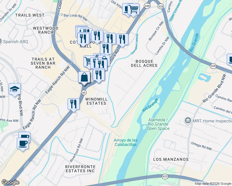 map of restaurants, bars, coffee shops, grocery stores, and more near 1504 Lucyle Place Northwest in Albuquerque
